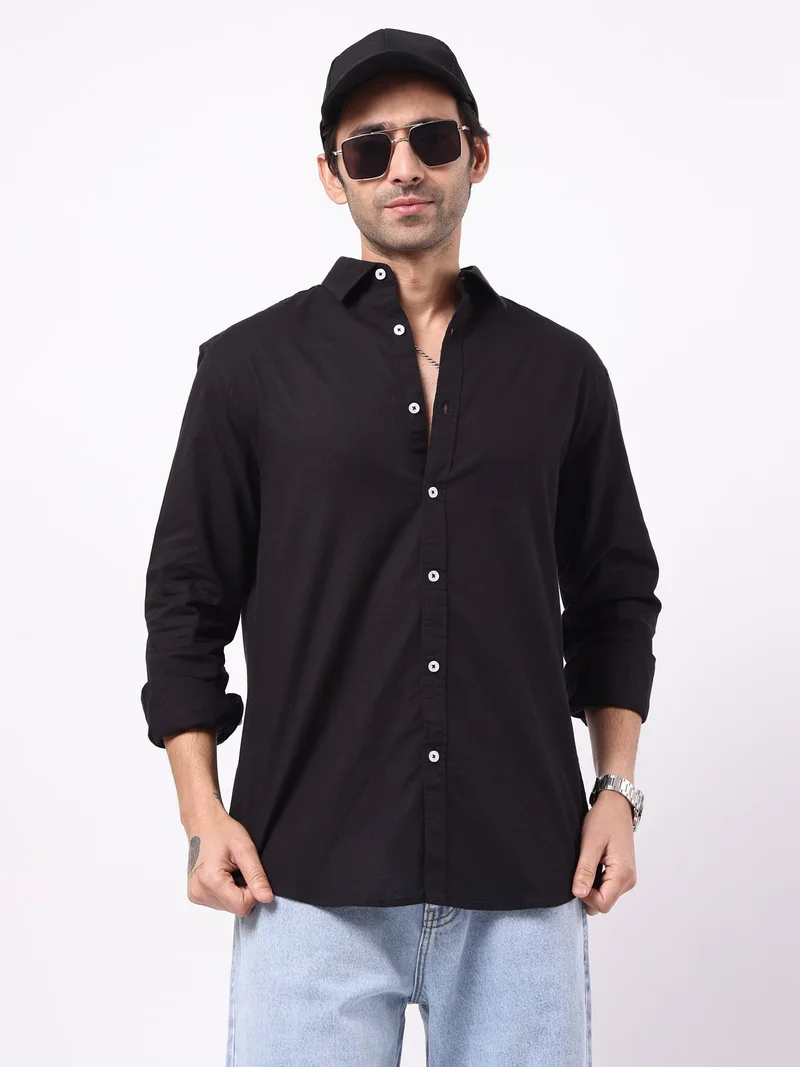 Maniac Maniac Solid Mens Collared Neck Full Sleeve Cotton Linen Black Shirt
