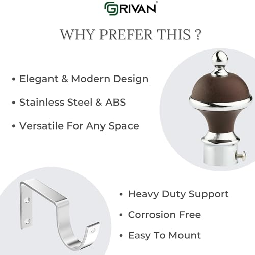 GRIVAN Manjira Shape Stainless Steel & ABS Curtain Bracket Parda Holder with Support 1 Inch Rod Pocket Finials Designer Door and Window Rod Support Fittings, Curtain Rod Holder(Brown, Pair of 6) - Image 3
