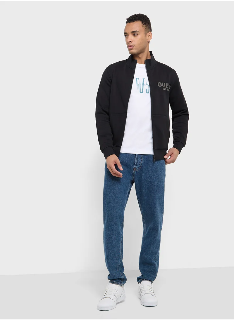 GUESS Crew Neck Logo Detailed Zip Through Sweatshirt