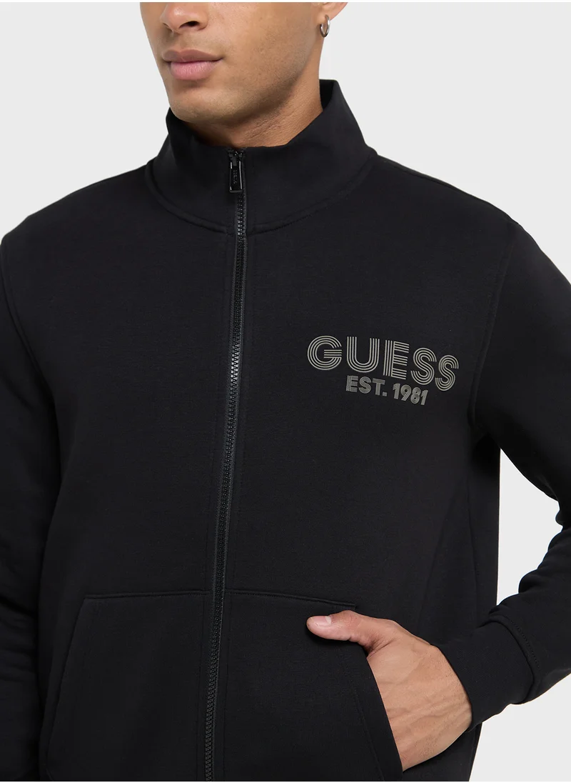 GUESS Crew Neck Logo Detailed Zip Through Sweatshirt