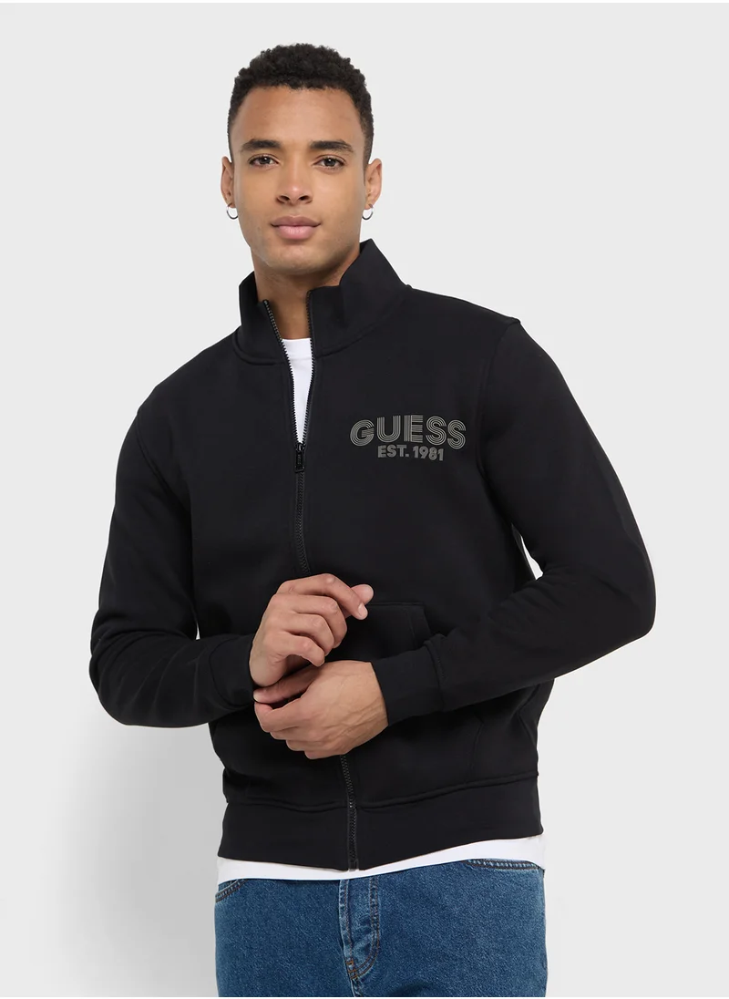 GUESS Crew Neck Logo Detailed Zip Through Sweatshirt