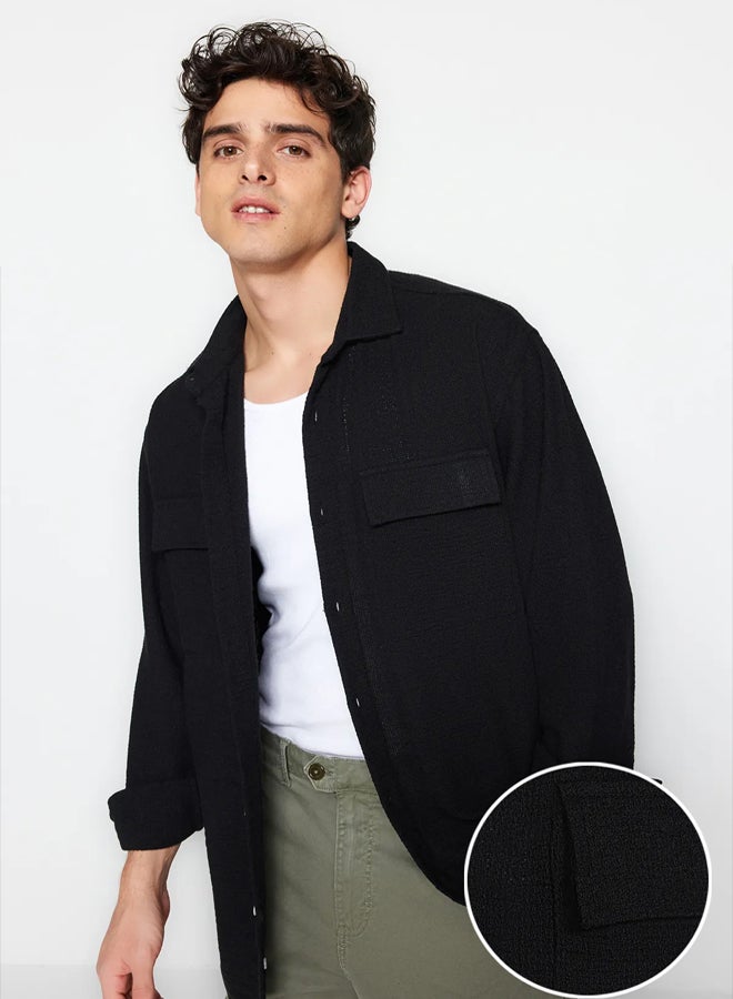 trendyol Black Oversize Fit Linen Textured Double Pocket Jacket Shirt TMNSS23GO00089 - Image 1