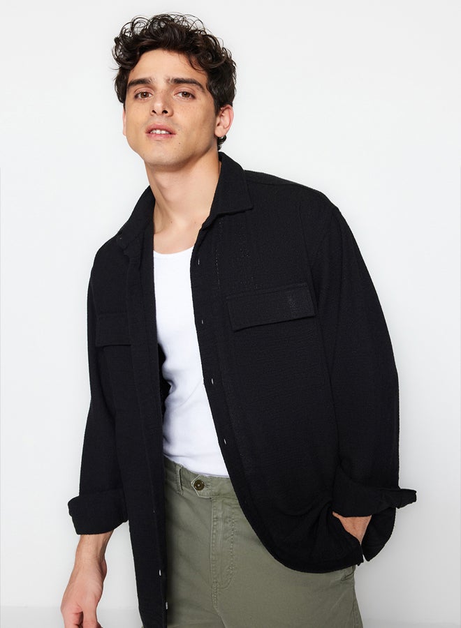 trendyol Black Oversize Fit Linen Textured Double Pocket Jacket Shirt TMNSS23GO00089 - Image 2