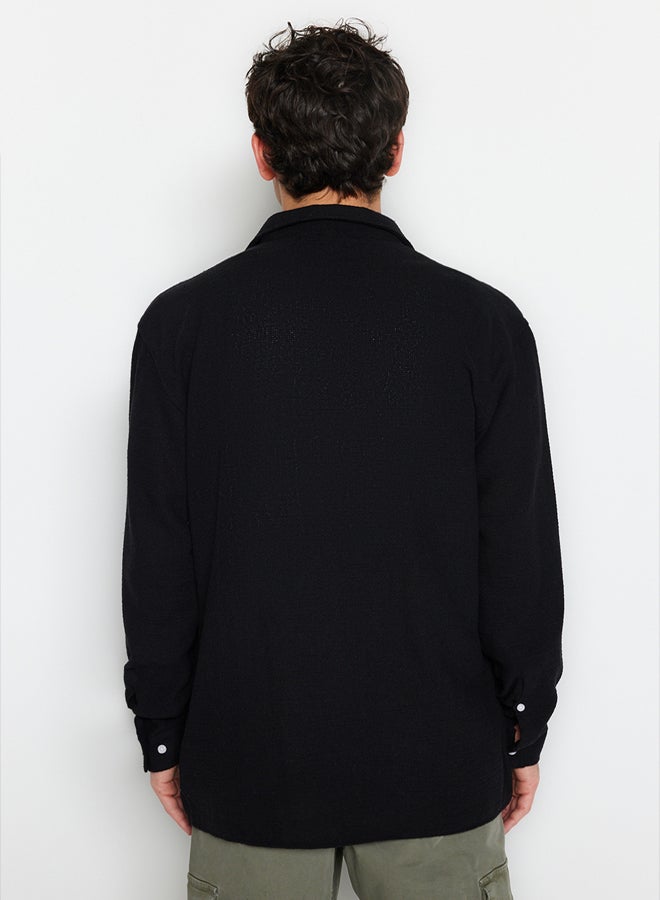 Black Oversize Fit Linen Textured Double Pocket Jacket Shirt TMNSS23GO00089