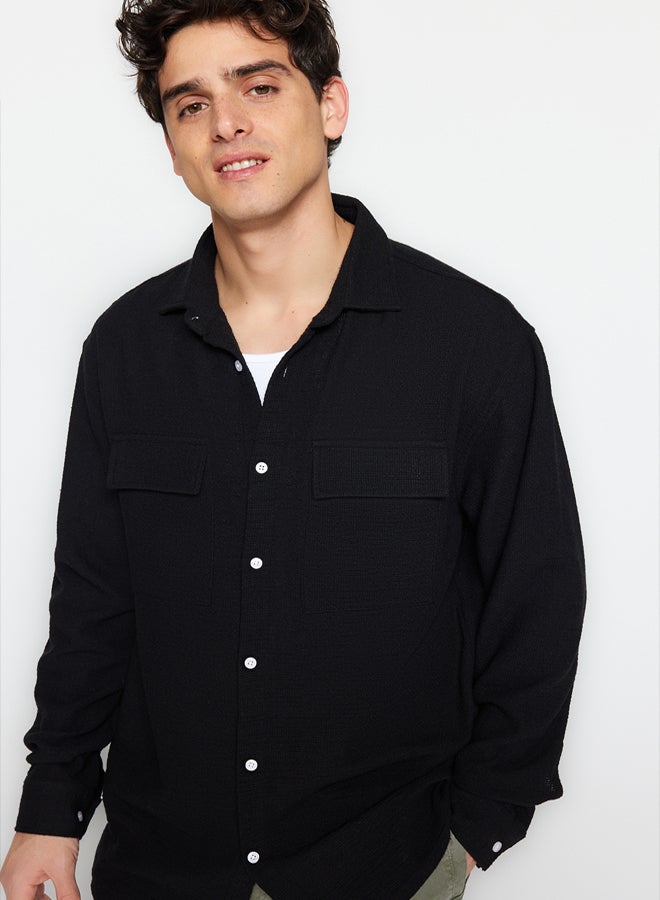 trendyol Black Oversize Fit Linen Textured Double Pocket Jacket Shirt TMNSS23GO00089 - Image 4