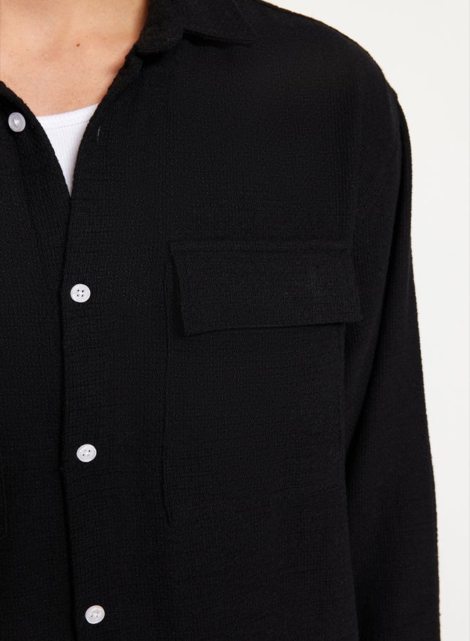 Black Oversize Fit Linen Textured Double Pocket Jacket Shirt TMNSS23GO00089