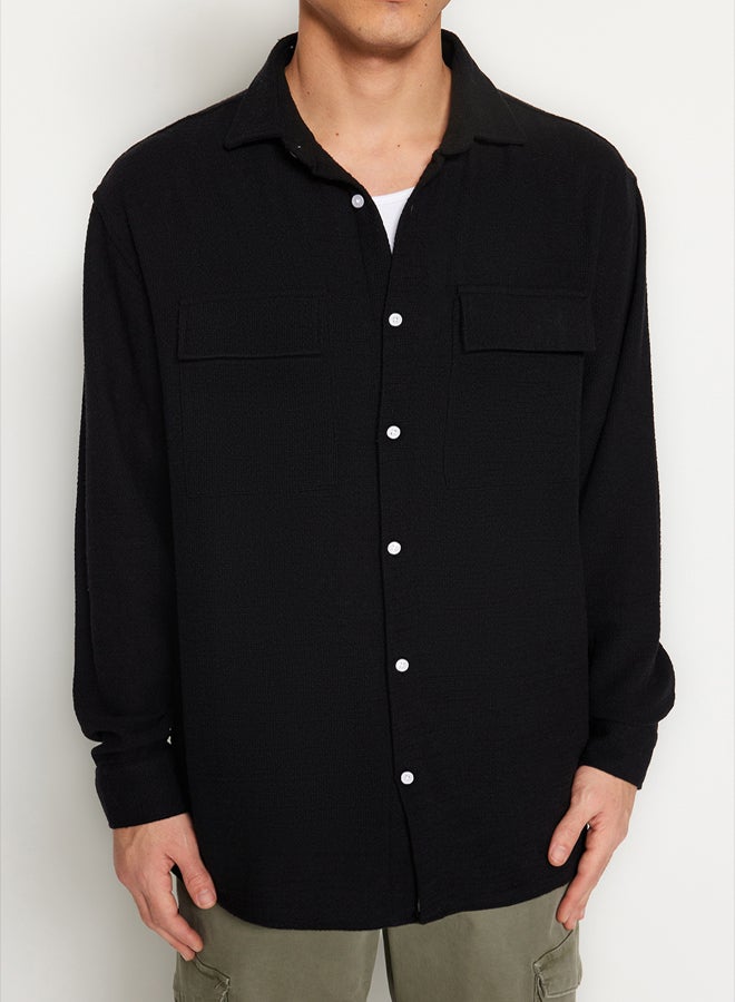 trendyol Black Oversize Fit Linen Textured Double Pocket Jacket Shirt TMNSS23GO00089 - Image 5