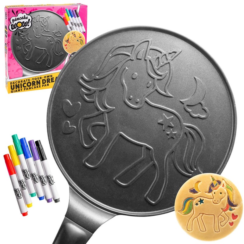 CucinaPro Large 10" Unicorn Pancake Pan Nonstick Skillet with Set of 6 Edible Food Markers for Decorating Pancakes, Aluminum, Electric and Gas Stovetop Compatible - Image 1