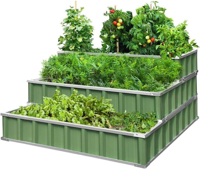 Kingbird KING BIRD 3 Tiers Raised Garden Bed Dismountable Frame Galvanized Steel Metal Patio Garden Elevated Planter Box 46 x 46 x 236 for Growing Vegetables Flowers Green