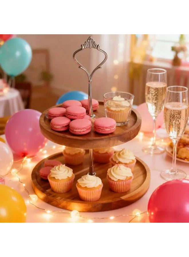 Elegant Two Tier Wooden Paper Cupcake Stand with Metal Frame Sturdy Snack Tray Display for Cupcakes Cookies Fruits Desserts Perfect for Weddings Birthdays Christmas Halloween Thanksgiving Food Safe Easy Clean Design - Image 1