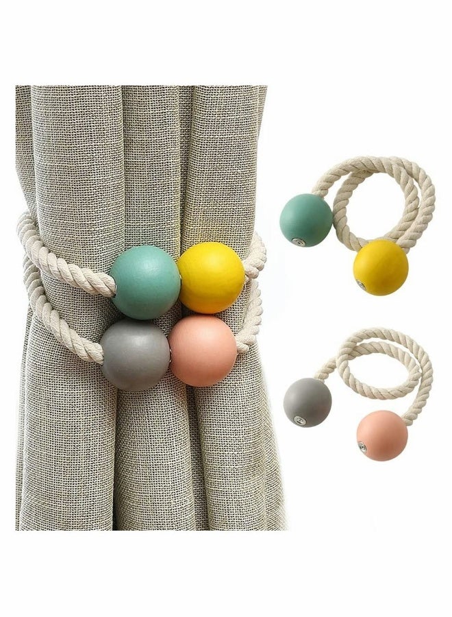 Loquat Curtain Tie, Strong Magnetic Tie, 2 Colors Wooden Ball Braided Rope 1 Pair - Image 1