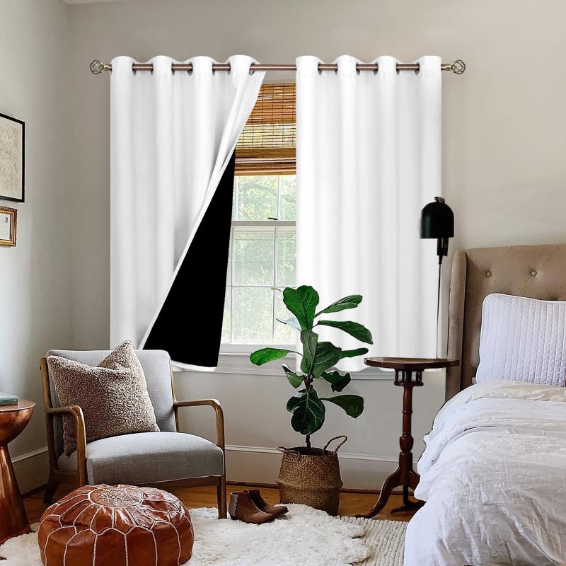 BGment الستائر المعزولة الحرارية بنسبة 100 ٪ للاضطراب لغرفة النوم مع بطانة سوداء طبقة مزدوجة غرفة كاملة غامق ضوضاء الستار الحجمي (46 × 72 بوصة أبيض نقي 2 لوحات) - Image 2