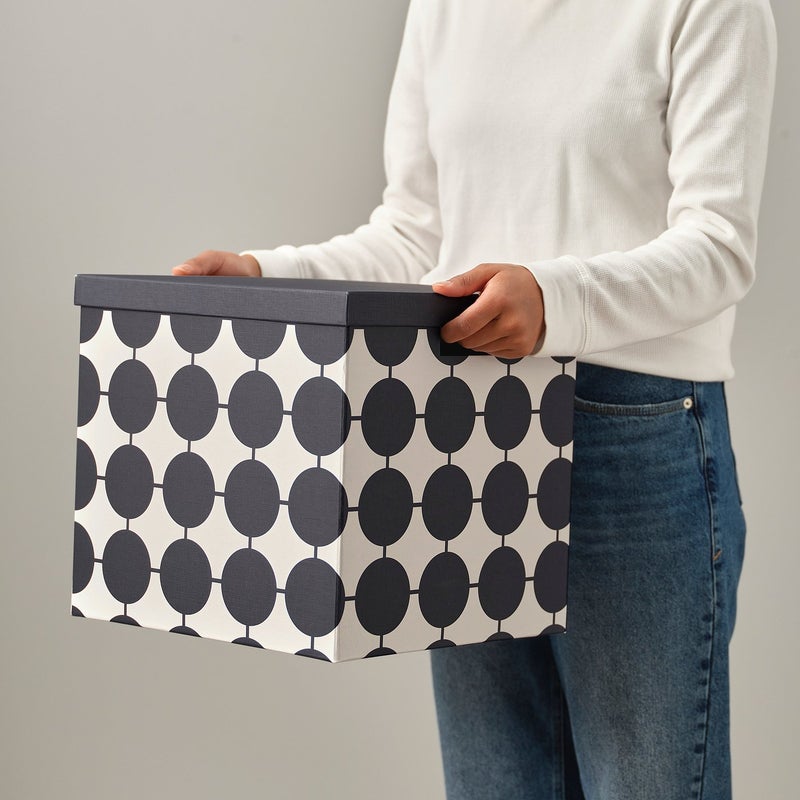 TJENA Storage Box with Lid, White with Black Dots, 32x35x32 cm - Image 4