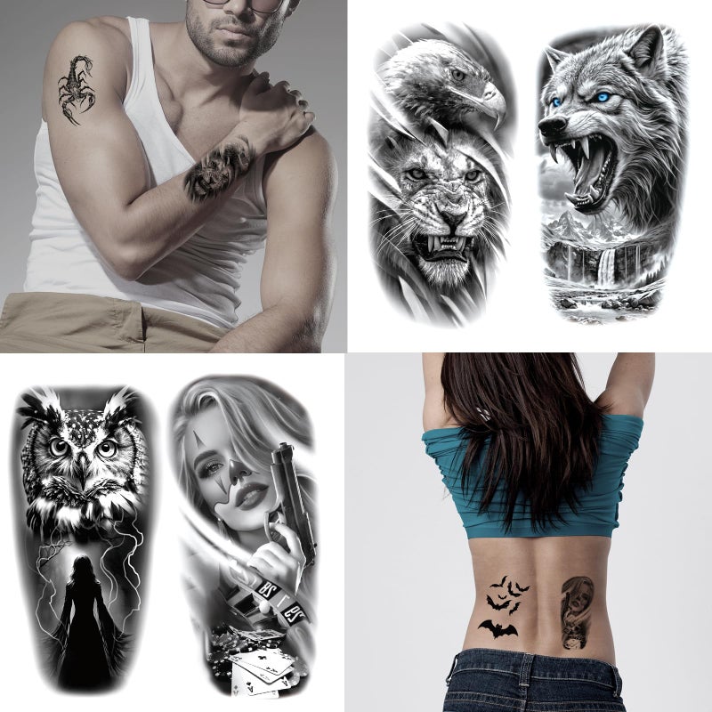 Jeefonna 82 Sheets Halloween Temporary Tattoos, 3D Scary Lion Wolf Tiger Skull Skeleton Spider Fake Tattoos Stickers for Men Women Adults - Image 2