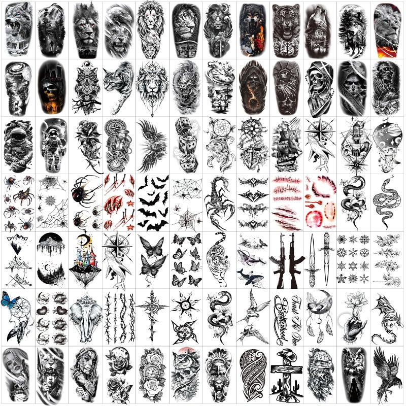 Jeefonna 82 Sheets Halloween Temporary Tattoos, 3D Scary Lion Wolf Tiger Skull Skeleton Spider Fake Tattoos Stickers for Men Women Adults - Image 1