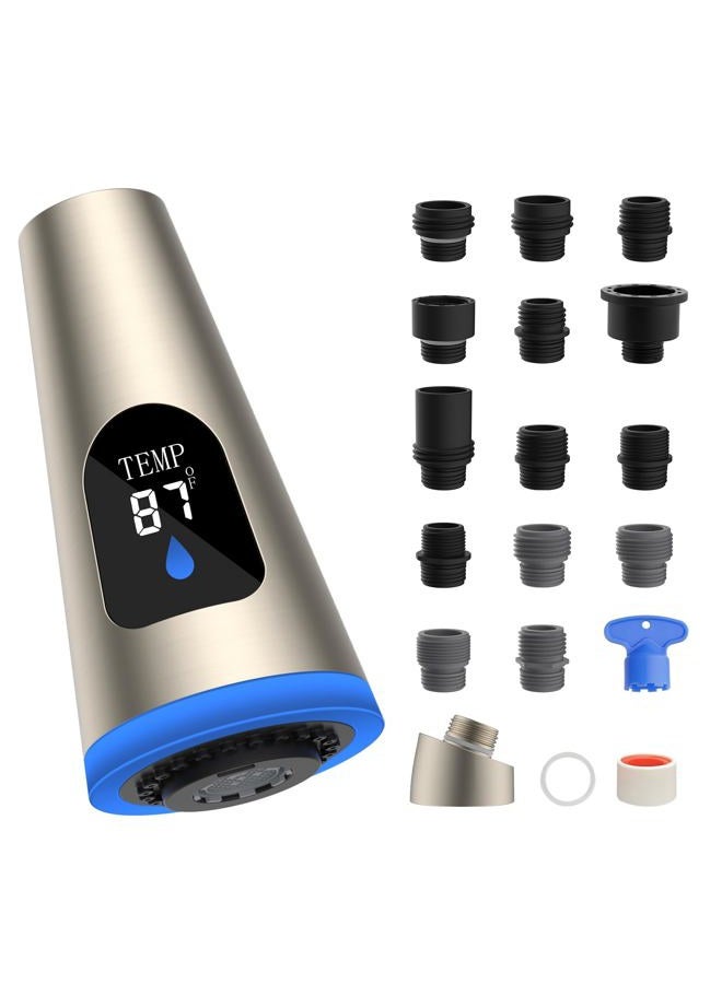 Hibbent Pull Down Kitchen Faucet Head Replacement, 4 Function LED Temperature Display Sink Spray Nozzle with 15 Adapters, Compatible with Moen, American Standard, Delta, Kohler Faucets, Brushed Nickel - Image 1