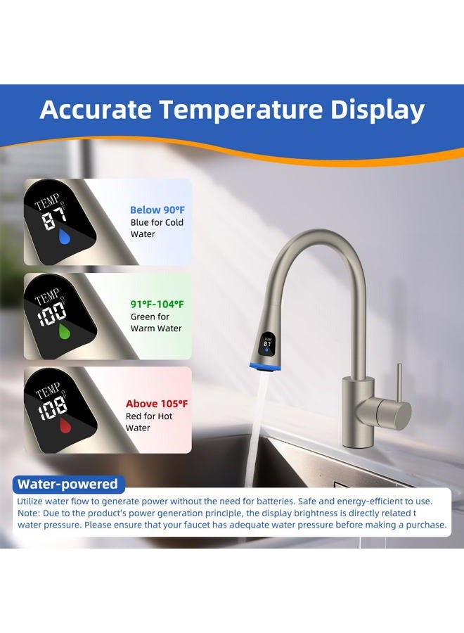 Hibbent Pull Down Kitchen Faucet Head Replacement, 4 Function LED Temperature Display Sink Spray Nozzle with 15 Adapters, Compatible with Moen, American Standard, Delta, Kohler Faucets, Brushed Nickel - Image 2