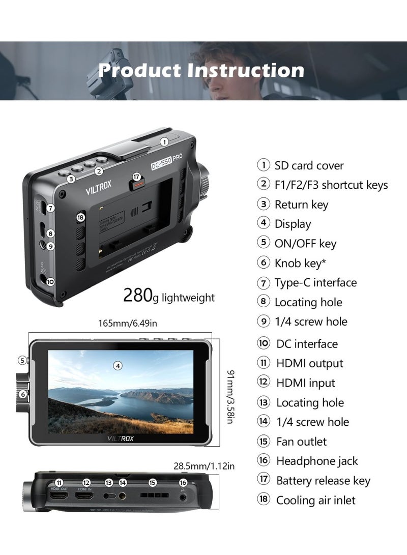 Viltrox DC-550 Pro 5.5" Full HD Touchscreen Camera Field Monitor – 1200 nits, 4K HDMI In/Out, LUT Support, Waveform, Focus Assist, False Color, Histogram – For DSLR/Mirrorless Cameras - Image 2
