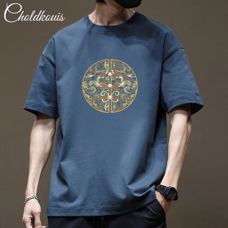American-style national trend printed short-sleeved T-shirt for men's summer new heavy cotton casual loose round-neck half-sleeved top - Image 2