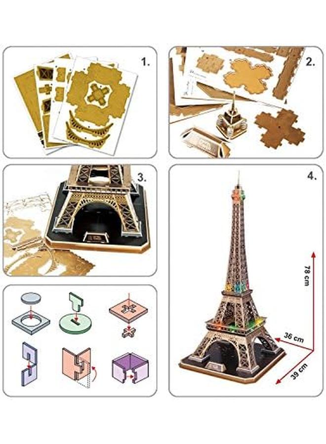 CubicFun France Led Architecture Model Building Kits 3D Puzzles For Adults Diy Papercraft Lighting Paris Eiffel Tower Decoration Gift Game Toy 82 Pieces - Image 3