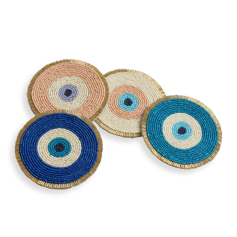 Folkulture Beaded Coasters for Drinks  Set of 4 4 Round Decorative Bar Coasters for Table Dcorations  Cute Boho Coaster Set for Cocktail  Modern Coaster for Coffee Table  Evil Eye Gifts