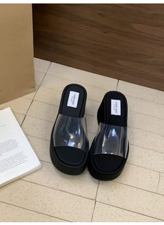 2024 Spring And Autumn New Womens Slippers One-Row Transparent Platform Waterproof Thick Bottom Slope Track Outer Wear Sandals Black