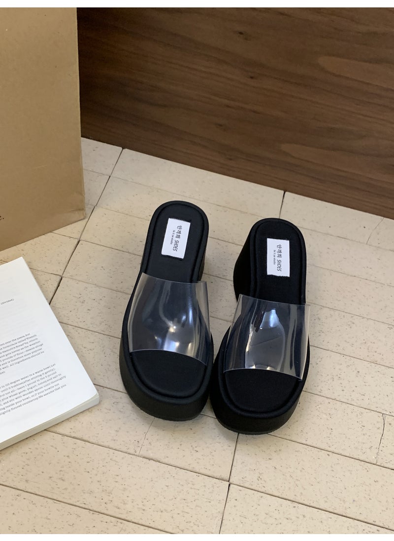 Generic - 2024 Spring And Autumn New Womens Slippers One-Row Transparent Platform Waterproof Thick Bottom Slope Track Outer Wear Sandals Black - Image 1