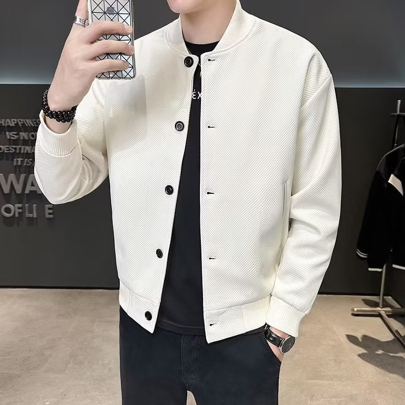Light Mature Style Boys Pure Color Simple Commuter Baseball Jacket Simple High-End Korean Style Knitted Twill Short Jacket - Image 5