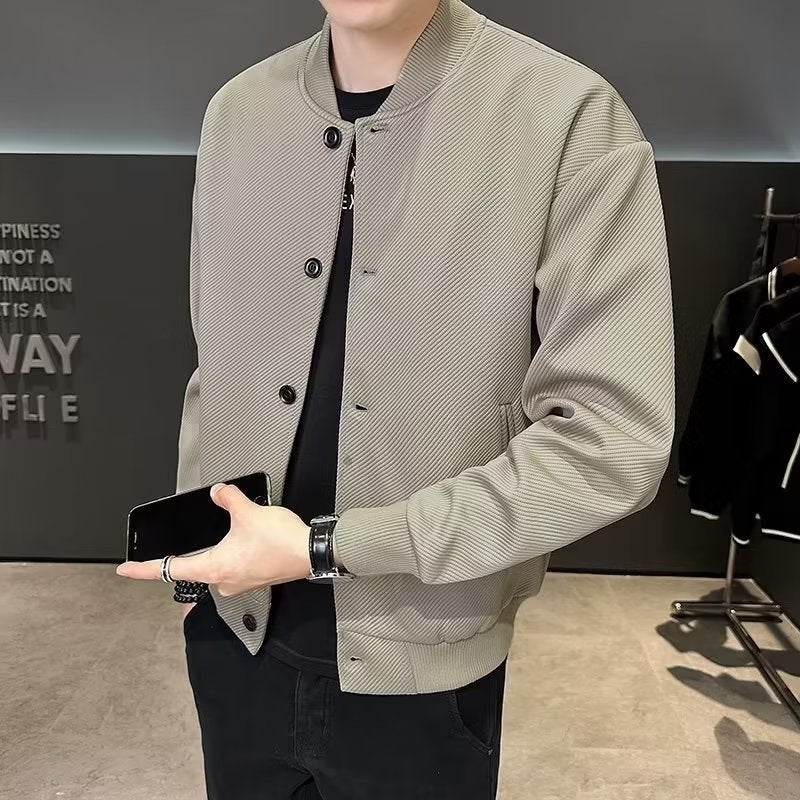 Light Mature Style Boys Pure Color Simple Commuter Baseball Jacket Simple High-End Korean Style Knitted Twill Short Jacket - Image 1