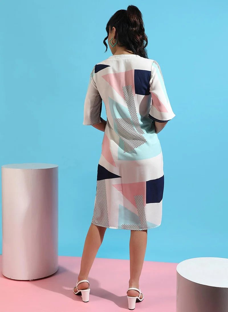 PINACOLADA Women's Printed Multicolour Short Sleeve Knee Length Regular Fit Dress For Casual Wear | V Neck Dress Crafted With Comfort Fit And High Performance For Everyday Wear