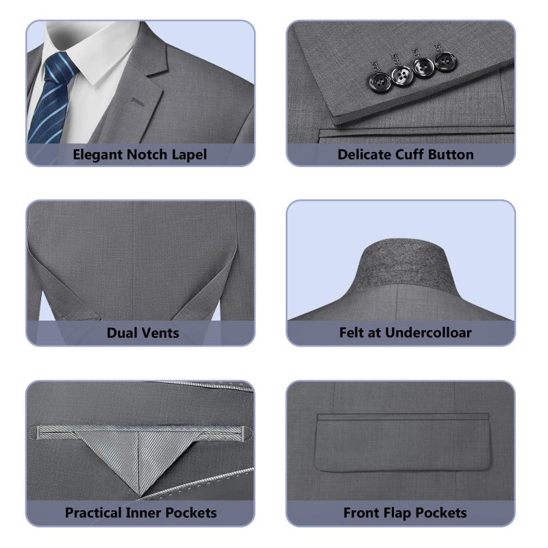 Cooper & Nelson Men's Suit Slim Fit, 3 Piece Suits for Men, One Button Jacket Vest Pants with Tie, Tuxedo Set Dark Grey M - Image 5