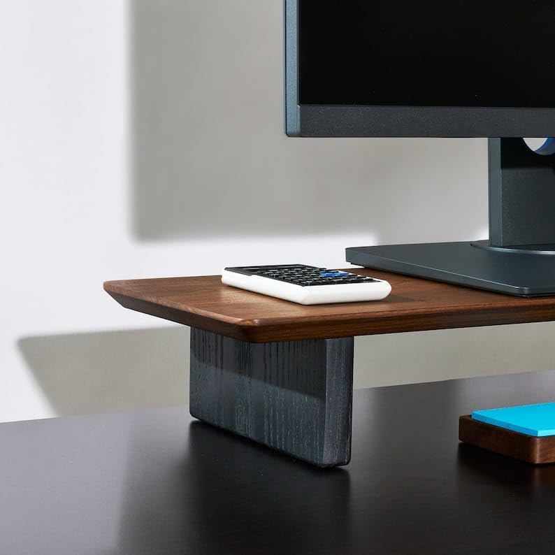 carpentray Wooden Computer Long Monitor Stand, Monitor Riser Desk Shelf Desktop Legs Stand TV Laptop Riser with Keyboard Storage Desk (Walnut (80cm, Black Legs) - Image 3