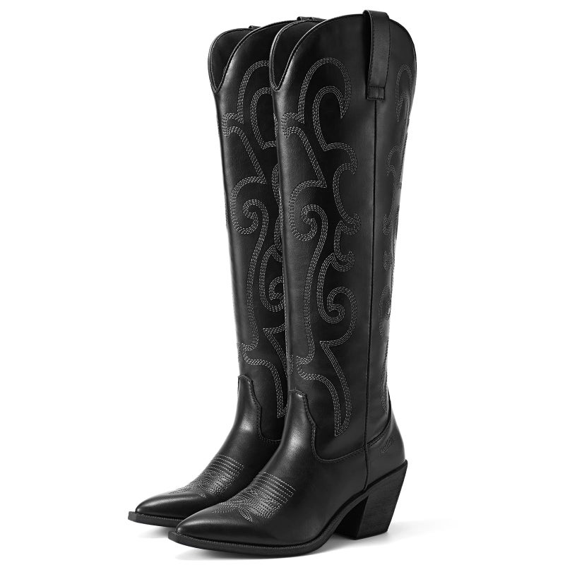Rollda Cowboy Boots for Women Cowgirl Boots Embroidered Knee-High Western Boots Pointy Toe with Chunky Heel Black W/Zipper Size 8 - Image 1