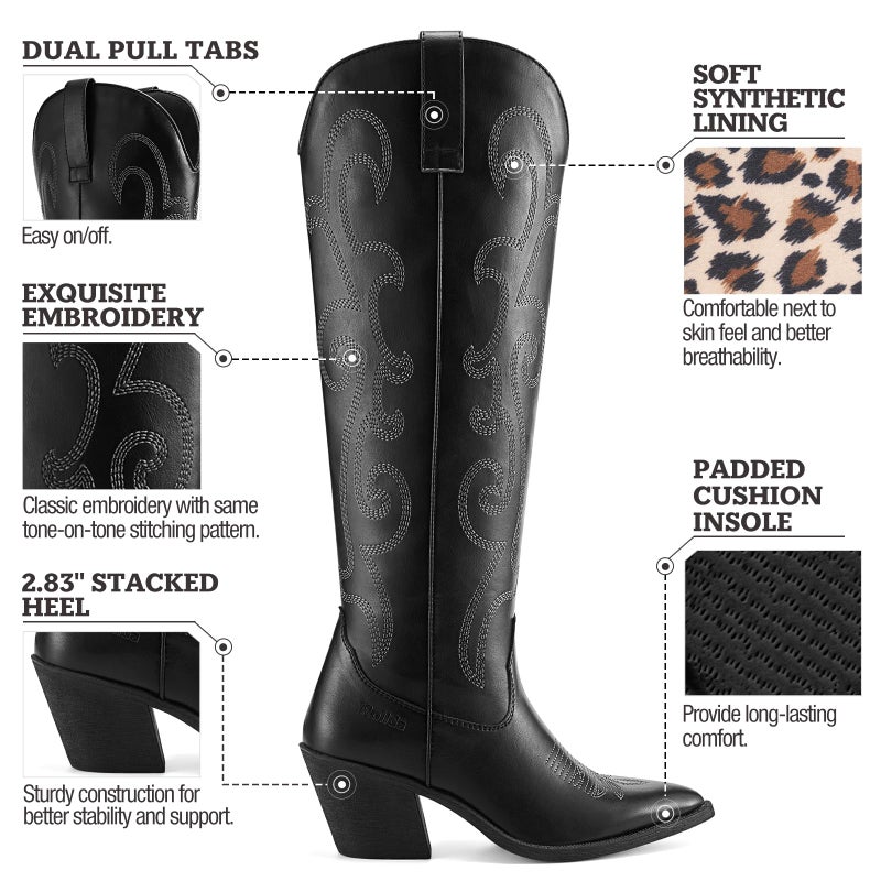 Rollda Cowboy Boots for Women Cowgirl Boots Embroidered Knee-High Western Boots Pointy Toe with Chunky Heel Black W/Zipper Size 8 - Image 4