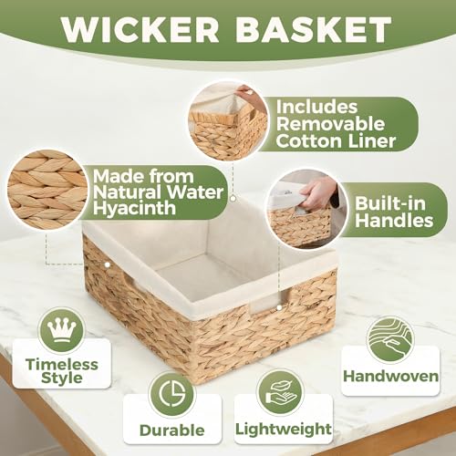 Storage Standard Wicker Shelf Storage Baskets for Organizing - Natural Water Hyacinth Woven Basket Organizers & Storage for Shelves w/Handles & Cotton Liner for Home & Pantry Decor Organization, Large 15” x 12” x 6” - Image 2