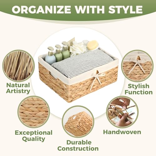 Storage Standard Wicker Shelf Storage Baskets for Organizing - Natural Water Hyacinth Woven Basket Organizers & Storage for Shelves w/Handles & Cotton Liner for Home & Pantry Decor Organization, Large 15” x 12” x 6” - Image 4