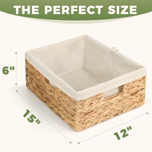 Storage Standard Wicker Shelf Storage Baskets for Organizing - Natural Water Hyacinth Woven Basket Organizers & Storage for Shelves w/Handles & Cotton Liner for Home & Pantry Decor Organization, Large 15” x 12” x 6” - Image 3