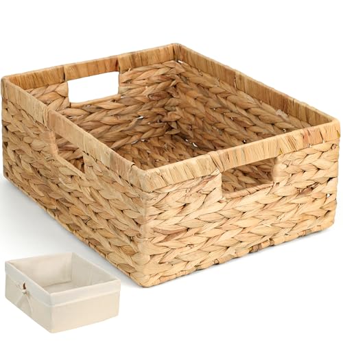 Storage Standard Wicker Shelf Storage Baskets for Organizing - Natural Water Hyacinth Woven Basket Organizers & Storage for Shelves w/Handles & Cotton Liner for Home & Pantry Decor Organization, Large 15” x 12” x 6” - Image 1