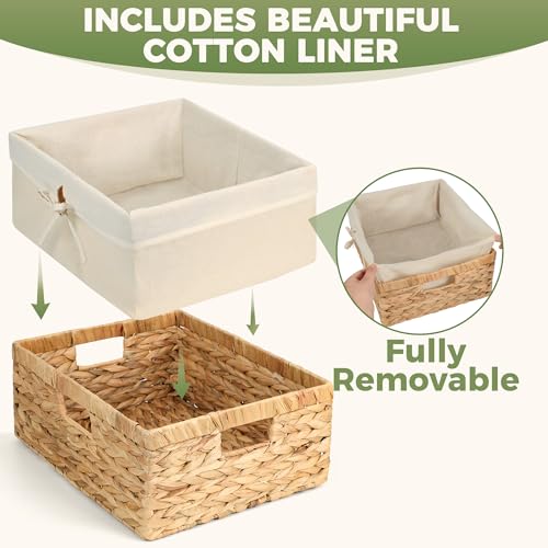 Storage Standard Wicker Shelf Storage Baskets for Organizing - Natural Water Hyacinth Woven Basket Organizers & Storage for Shelves w/Handles & Cotton Liner for Home & Pantry Decor Organization, Large 15” x 12” x 6” - Image 5