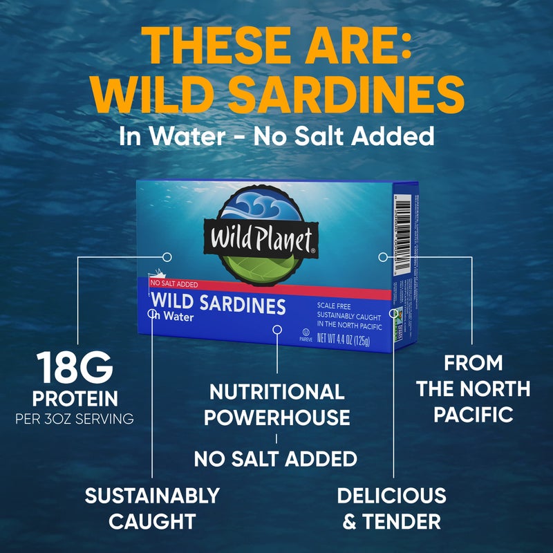 Wild Planet Wild Sardines in Water, No Salt Added, Tinned Fish, Non-GMO, Sustainable 4.4 Ounce , (Pack of 12) - Image 2