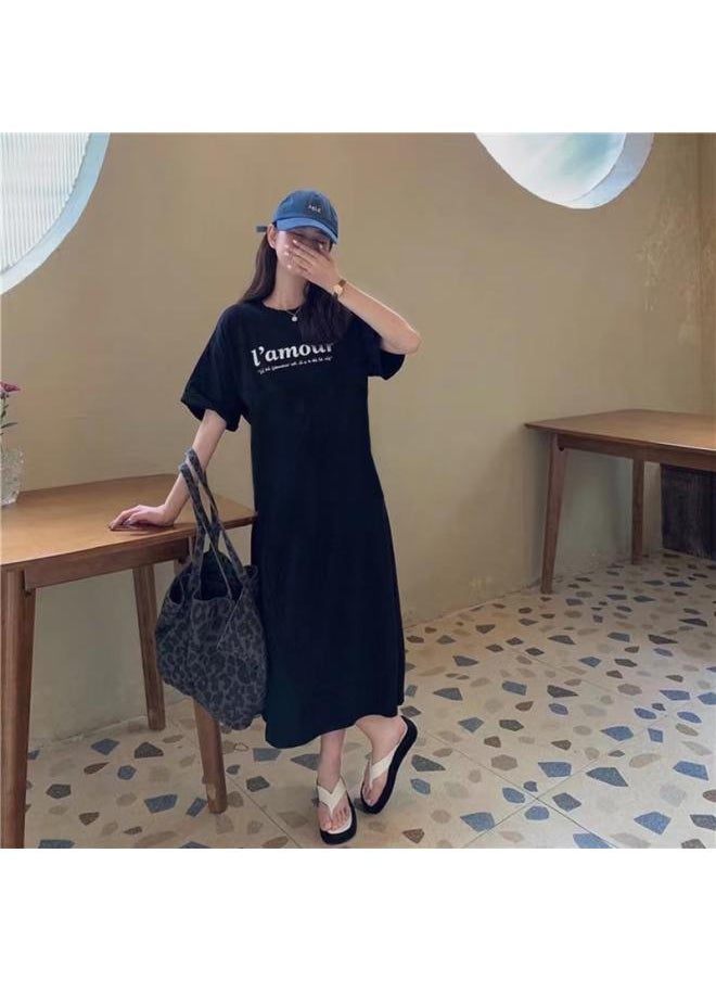 Generic - South Korea Plus Size T-shirt Women's Summer Short-sleeved Casual Loose Dress Women's Chubby Girl Western-style Over-the-knee Lazy Skirt - Image 1