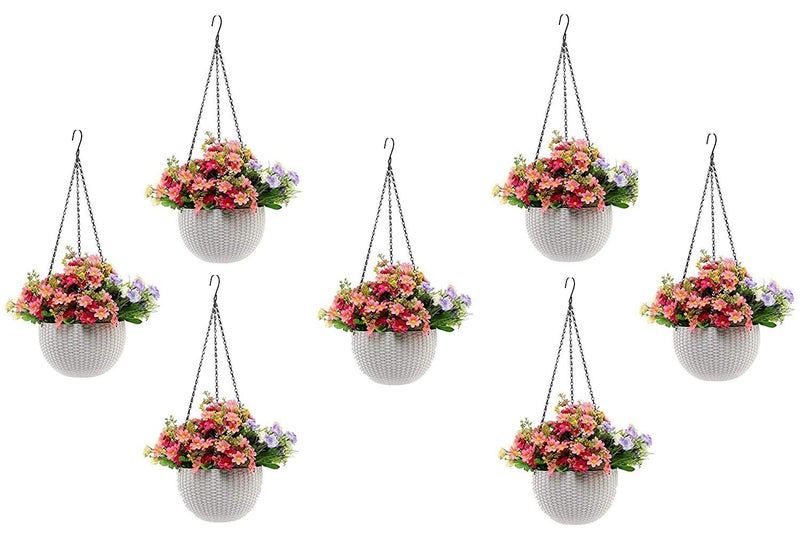 Bianco Round Rattan Woven Hanging Planters with Hanging Chain, Hanging Pots for Plants Balcony (White, Set of 7, 7.1x4.8 Inch) - Image 1