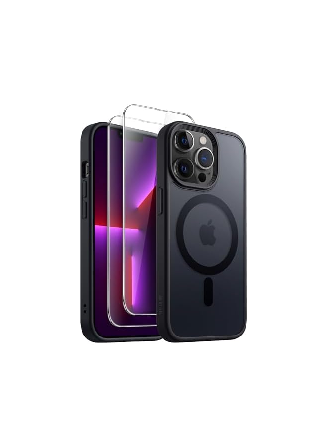 JETech 3 in 1 Magnetic Case for iPhone 13 Pro 6.1-Inch with 2-Pack Tempered Glass Screen Protector, Compatible with MagSafe, Translucent Matte Back Shockproof Phone Cover (Black)