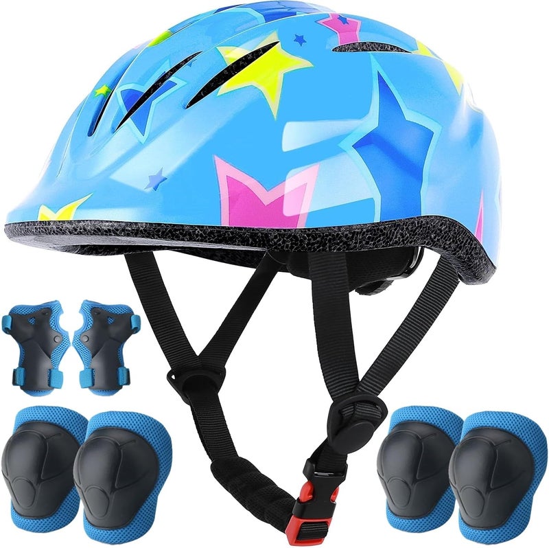 Oasisgalore Kids Helmet and Knee Pad Set - Adjustable Cycling and Skating Protective Gear for Toddlers Ages 3 to 8 (Blue) - Image 1