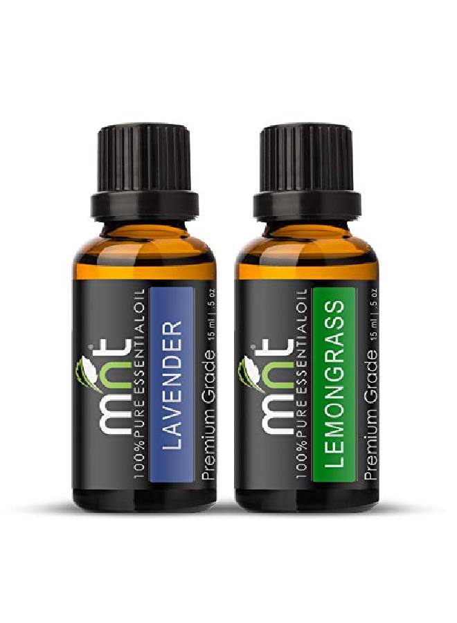 MNT Combo Set of Lavender Oil and Lemongrass Essential Oil (Each 15ML) Ideal for use in Promotes Hair Growth Moisturizes Skin Reduces Acne scars Face Health Benefit Massage - Image 1