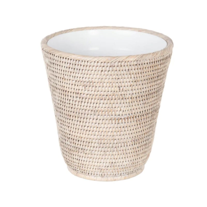 Kouboo KOUBOO La Jolla Rattan Wastebasket with Plastic Insert Handmade Trash Can Small Wastebasket Bedroom Bathroom Vanity RV Dorm White Wash 