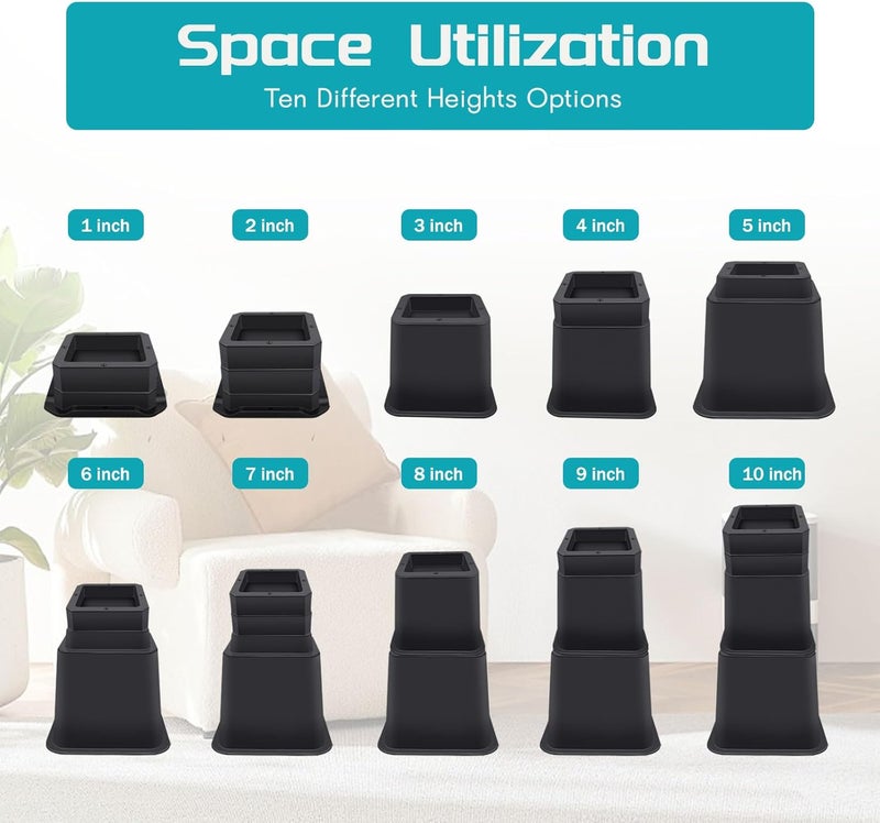 ANNKUT Bed Risers 10 inch Heavy Duty,Elevation in Heights 1,2,3,4,5,6,7,8,9,10 Inch，Adjustable Furniture Risers for Chair Table and Desk Legs Lifting (4 Pack,Black) - Image 3