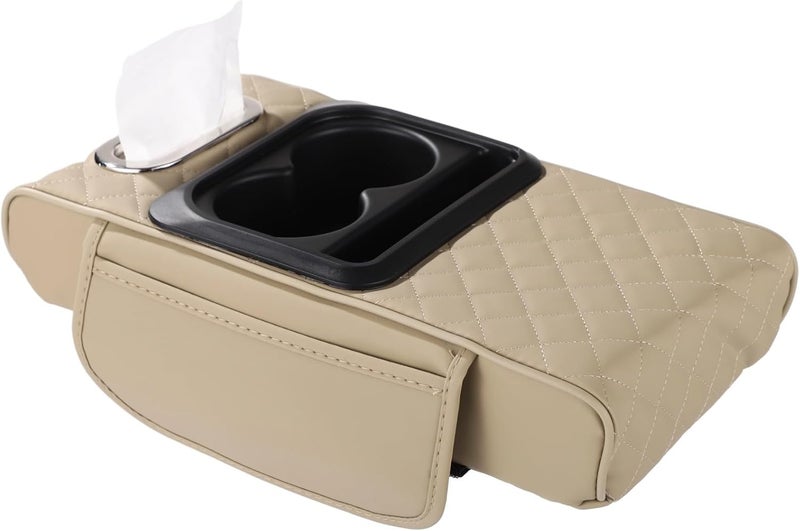 Generic Car Armrest Pillow with Memory Foam, Faux Leather Console Organizer with Cup Holders & Tissue Slot - Image 1