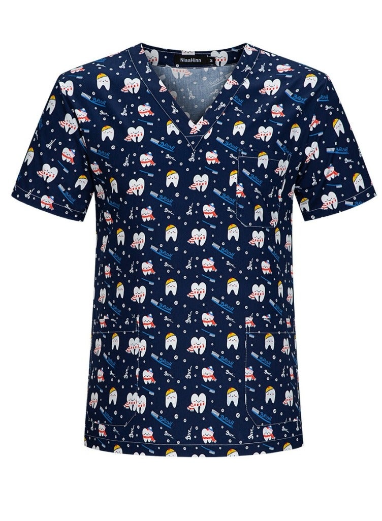 Loquat Cartoon Printed V-Neck Medical Uniform Scrubs Top Comfty Soft Workwear