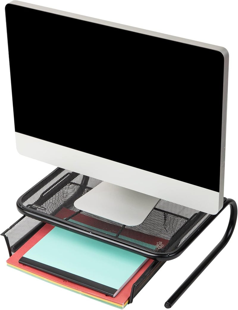 Mind Reader MESHKING-BLK Metal Mesh Monitor Stand Organizer with Storage Papers, Folders, Or Desk Accessories, Black w Drawer - Image 4